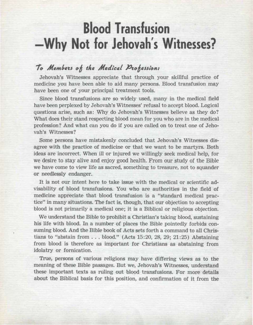 Blood Transfusion—Why Not for Jehovah's Witnesses?